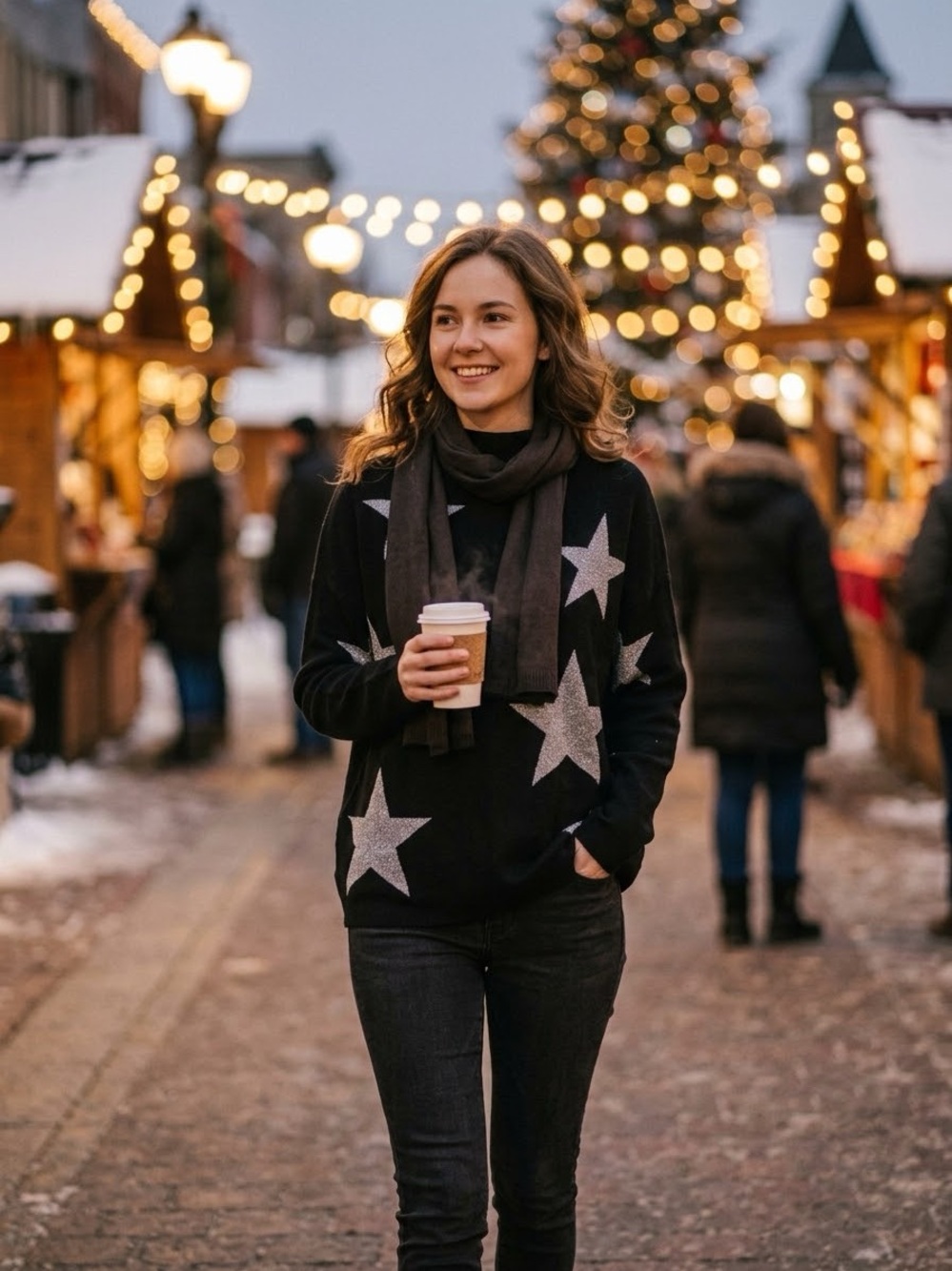 Sioni Black Crewneck Sweater with Silver Star Motif